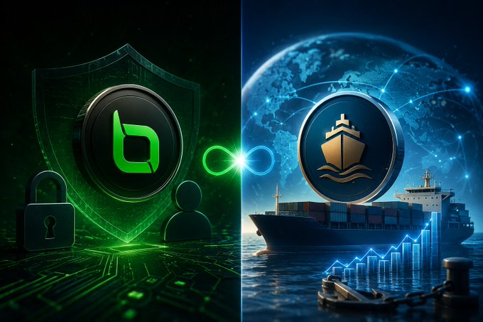 Digital artwork featuring two cryptocurrency-style logos—one green shield with a 'b' symbol and one blue shipping/anchor emblem—connected by an infinity symbol, with a cargo ship and globe in the background.