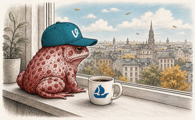 An illustrated red spotted toad wearing a blue cap with a logo sits on a windowsill next to a coffee mug, overlooking a European-style cityscape.