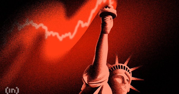 A stylized, grainy red-toned illustration of the Statue of Liberty set against a dark background with a red lightning-like streak across the sky.
