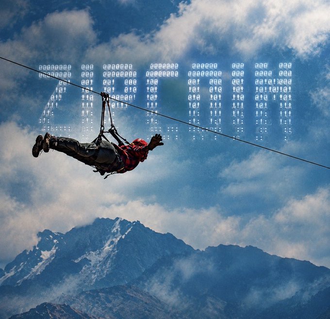 A person ziplining across a cloudy blue sky above a peak, with a digital glitch effect displaying 'EEEEEEEEE' text over the upper portion of the image.