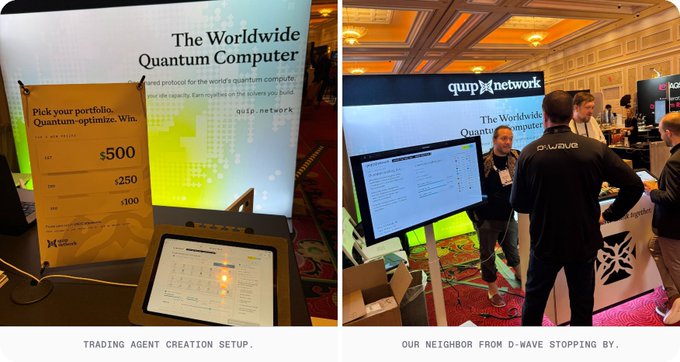Two-panel photo from a Qubits Network quantum computing event; left shows the 'Worldwide Quantum Computer' booth with prize amounts ($500, $250, $100) and a laptop displaying 'Trading Agent Creation Setup'; right shows people at the booth with the caption 'Our neighbor from D-Wave stopping by'.