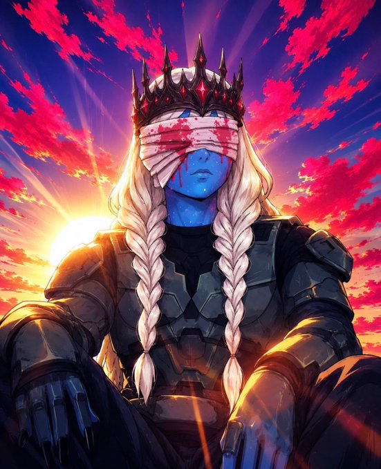 An anime-style illustration of a blue-skinned character with long blonde braids, wearing a dark crown and armor, with a blood-stained blindfold over their eyes, set against a dramatic pink and orange sunset.