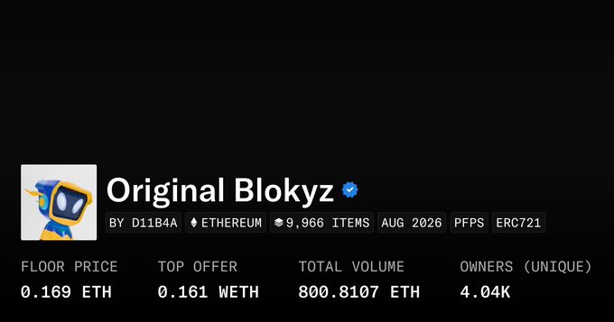 An NFT collection page for 'Original Blokyz' by D11B4A on Ethereum, showing a floor price of 0.169 ETH, total volume of 800.8107 ETH, and 4.04K owners.