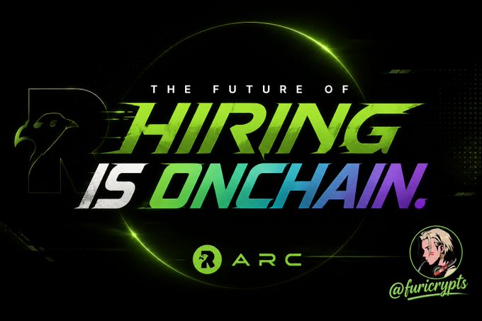 The image is a promotional graphic featuring bold text that reads "THE FUTURE OF HIRING IS ONCHAIN" in green and blue gradient lettering, alongside the "ARC" logo and a watermark "@furicrypts." The graphic visually reinforces the post's message about Web3's broken hiring and payment processes, positioning ARC as a blockchain-based solution that brings transparency and trust to freelance and gig work.