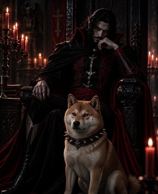 A gothic, vampire-like figure in a black and red cape sits on an ornate throne with candles in the background, accompanied by a Shiba Inu dog with glowing red eyes wearing a spiked collar.