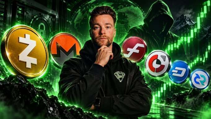 A man stands thoughtfully surrounded by privacy-focused cryptocurrency logos including Zcash (ZEC), Monero (XMR), and others, set against a green digital backdrop with a hooded figure and candlestick charts in the background, illustrating the post's focus on small-cap privacy tokens potentially poised for significant price gains similar to ZEC's rise from under $50 to over $1,000.