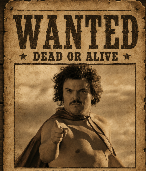 A vintage-style 'WANTED DEAD OR ALIVE' poster featuring a sepia-toned photo of a shirtless, mustachioed man with curly hair pointing directly at the viewer.