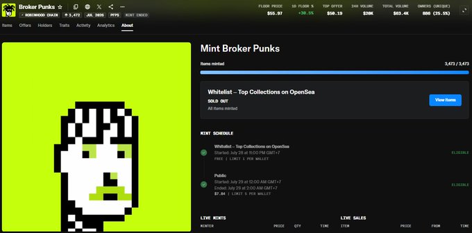 A screenshot of the 'Broker Punks' NFT collection on OpenSea, titled 'Mint Broker Punks,' showing 3,473 items minted out of 3,473 with a floor price of $52.97 and volume of $63.4K. A pixel art portrait with a neon green background is displayed alongside mint schedule details for whitelist and public phases.