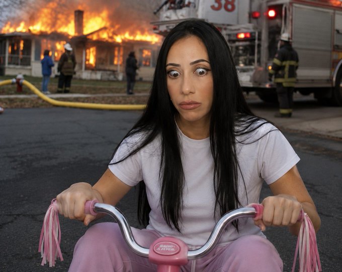 A woman sits on a pink tricycle with a wide-eyed, exasperated expression in front of a house engulfed in flames, with firefighters and a fire truck labeled "38" working the scene. The image humorously illustrates the feeling of doing taxes — being "set on fire" by the process — making it the perfect meme to accompany the post about the dread and relief of finishing 2025 taxes.