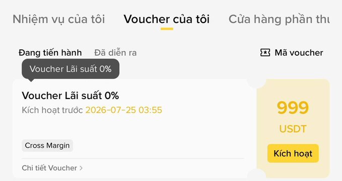 A screenshot of a cryptocurrency app interface in Vietnamese, showing a 'Voucher Lãi suất 0%' (0% Interest Voucher) under the 'Voucher của tôi' (My Vouchers) tab, offering 999 USDT with an expiration date of 2026-07-25 03:55.