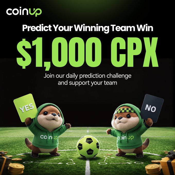 The image features two small figures dressed in green hoodies holding a soccer ball and a sign that says "NO", with the text "coinup" written above them. The background of the image shows a soccer field, indicating that they are on a soccer pitch or playing soccer. The image also contains text about a Prediction Market where users can predict real-world events using cryptocurrency, such as Bitcoin, and win contracts based on their accuracy.

The post is promoting CoinUp's Prediction Market, which allows users to make predictions on various topics like sports events, crypto trends, economic data, breaking news, and more. The market operates in a live setting where users can place bets or participate in games by predicting the outcomes of these events accurately.