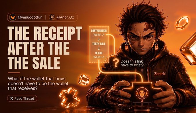 A stylized graphic with the headline "THE RECEIPT AFTER THE SALE" poses the question "What if the wallet that buys doesn't have to be the wallet that receives?" featuring a determined anime-style character holding a "Zentrix" device, with a flowchart showing "CONTRIBUTION Wallet A → TOKEN SALE → CLAIM Wallet A," illustrating the post's concern that public ledger links can trace contributions from purchase to claim, compromising sale anonymity.