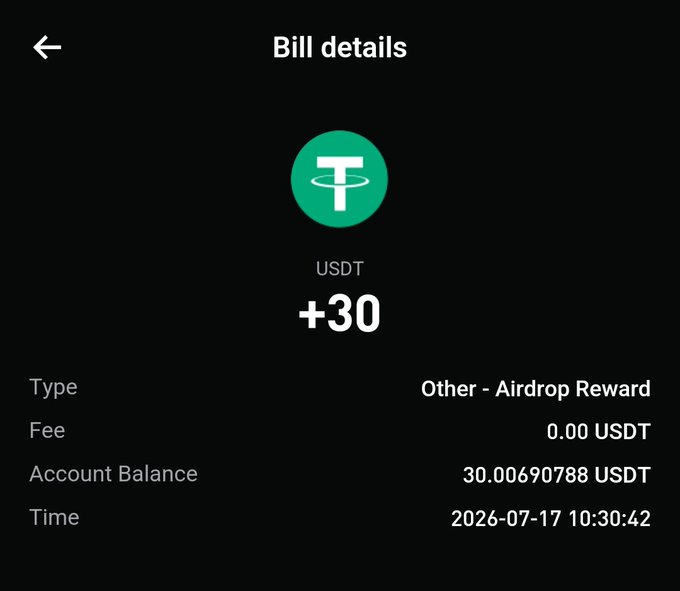 A dark-themed "Bill details" screen from a crypto exchange shows an airdrop reward of +30 USDT, with type listed as "Other - Airdrop Reward" and a timestamp of 2026-07-17 10:30:42, illustrating the unexpected 30 USDT airdrop reward the user received from Bitget.