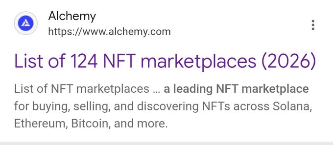 Google search result from Alchemy showing a link to 'List of 124 NFT marketplaces (2026)' describing a leading NFT marketplace for buying, selling, and discovering NFTs across Solana, Ethereum, Bitcoin, and more.