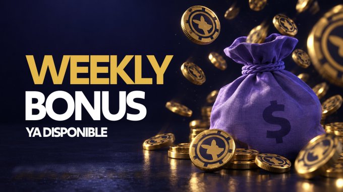 A promotional banner with the text 'WEEKLY BONUS YA DISPONIBLE' features a purple money bag with a dollar sign surrounded by falling gold coins against a dark background.