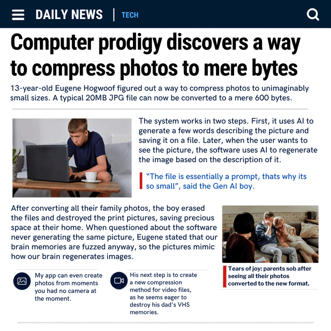 A satirical news article titled "Computer prodigy discovers a way to compress photos to mere bytes," featuring 13-year-old "Eugene Hogwoof" who supposedly compresses a 20MB JPG to just 600 bytes. The joke ties to "we are cooked" by humorously suggesting AI can now regenerate memories from tiny text prompts, potentially wiping out stored photos entirely.