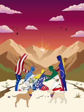 An illustration of several people wrapped in US and EU flags walking across a cracked desert landscape at sunset with mountains in the background.