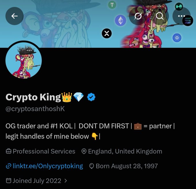 A Twitter profile for 'Crypto King' (@cryptosanthoshK) describes the user as an 'OG trader and #1 KOL' based in England, United Kingdom, joined July 2022.