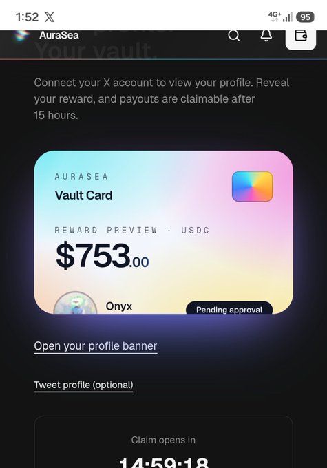 A mobile screenshot from an app called 'AuraSea' showing a 'Vault Card' interface with a reward preview of $753.00 USDC for a user named 'Onyx' with a status of 'Pending approval' and a countdown timer 'Claim opens in 14:59:18'.