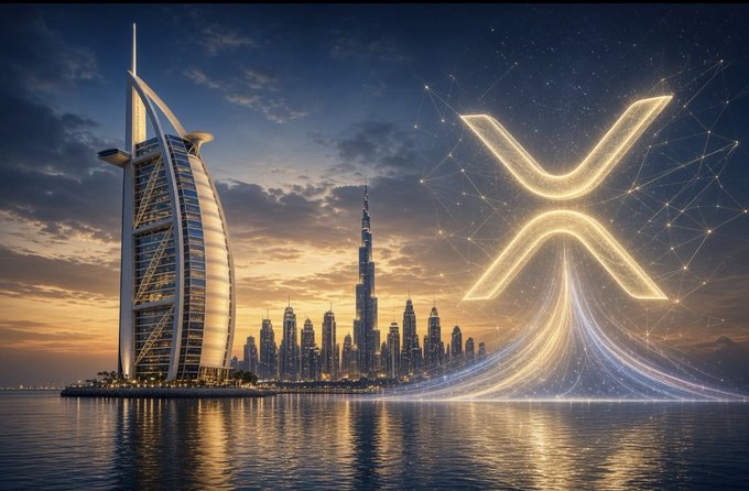 Dubai skyline at dusk featuring the Burj Al Arab and Burj Khalifa, with a glowing XRP (Ripple) logo projected in the sky over the water.