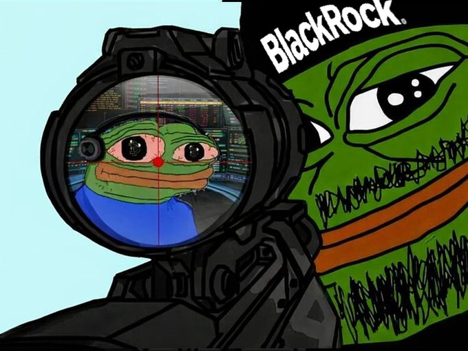 The image shows Pepe the Frog peering through a sniper scope at a distant version of himself, with "BlackRock" written above the larger Pepe on the right. The post references an unspecified ticker ($XAU likely) where market makers ("MM1" and "MM2") are battling for flow on a perp DEX—visually fitting the sniper-themed "scope" on a rival trader, with BlackRock humorously cast as the looming, watchful Pepe behind the crosshair.