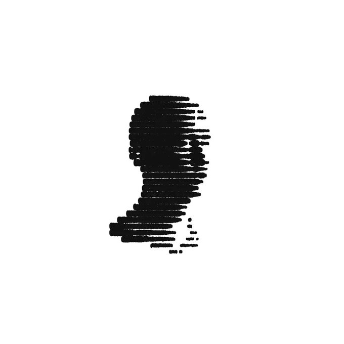 A black scribbled abstract drawing on a white background, consisting of horizontal lines that form a roughly oval, cloud-like shape with some small dotted fragments below.