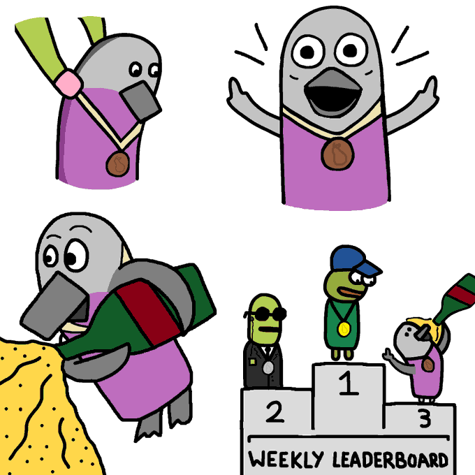 A hand-drawn comic featuring cartoon pigeon and turtle characters wearing medals, including a scene labeled 'WEEKLY LEADERBOARD' showing them on a first-place podium.