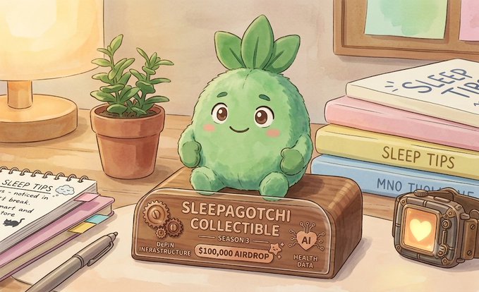 An illustrated green plant-like creature sits atop a wooden base labeled 'SLEEPAGOTCHI COLLECTIBLE - SEASON 3' with features including '3D INFRA STRUCTURE', '$100,000 AIRDROP', and 'AI HEALTH DATA', surrounded by books titled 'SLEEP TIPS' and a small potted plant.
