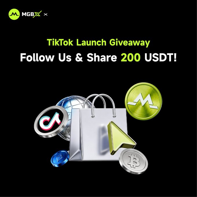 A promotional graphic for MGBX TikTok Launch Giveaway, announcing 'Follow Us & Share 200 USDT!' featuring the MGBX logo and TikTok-style coins.
