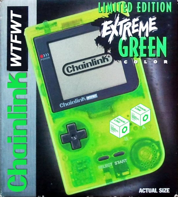 A promotional image of a translucent neon green handheld gaming device designed like a Game Boy, branded 'Chainlink WTFWT', labeled 'LIMITED EDITION EXTREME GREEN COLOR' and 'ACTUAL SIZE'.