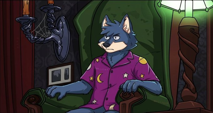 An anthropomorphic wolf character with a grumpy expression sits in an ornate green armchair, wearing purple pajamas decorated with stars and moons, surrounded by gothic décor including a cobweb-covered candelabra and a lamp. The image ties to the post's playful, menacing tone as the stern-looking wolf seems ready to "put an end to this" with a mischievous grin, fitting the Wolfswap/wolfies pack theme alongside the names Alex and Rigsnah.