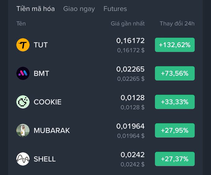 A cryptocurrency list shows top gainers including TUT (+132.62%), BMT (+73.56%), COOKIE (+33.33%), MUBARAK (+27.95%), and SHELL (+27.37%) with their respective prices.