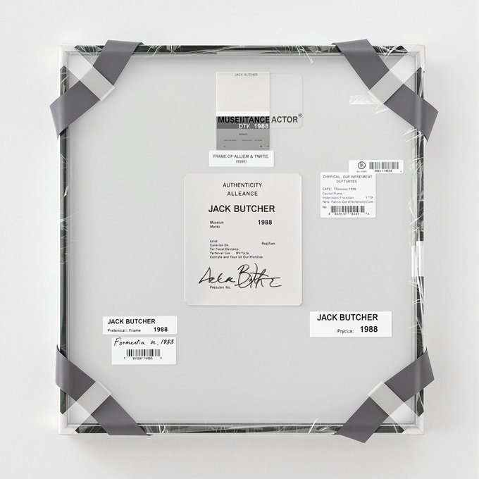 The back of a framed artwork wrapped in plastic, displaying authentication labels and an 'Authenticity Alliance' certificate for 'Jack Butcher' dated 1988, including details about Museoframe and Psycca.