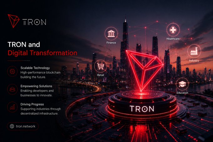 Promotional graphic for TRON blockchain highlighting 'Digital Transformation' across sectors including Finance, Healthcare, Industry, Retail, and Education, with the URL tron.network.