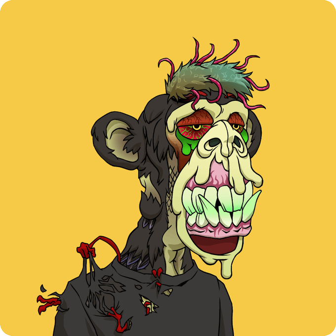 A cartoon illustration of a grotesque, zombie-like chimpanzee with green slime, sharp teeth, and worms emerging from its head, wearing a torn dark shirt against a yellow background.