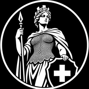 A black and white circular emblem features a classical warrior woman, possibly Athena or Minerva, wearing a crown and armor while holding a spear and a shield marked with a cross. The image conveys themes of justice and retribution, symbolically fitting the post's narrative about an anonymous individual who dismantled a $40 billion company following a social media slight.