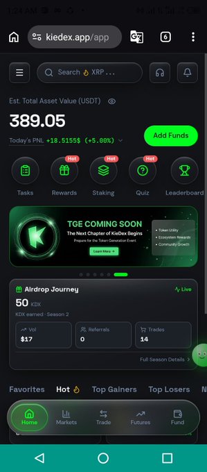 The image shows a screenshot of the KieDex app dashboard displaying a total portfolio value of $389.05 USDT with a +$18.51 (+5.00%) gain, along with an "Airdrop Journey" section showing 50 KDX earned (Season 2) and 14 trades completed, perfectly matching the post's stats. A prominent banner also advertises the "TGE COMING SOON" for the token generation event, reflecting the user's excitement about the upcoming milestone.