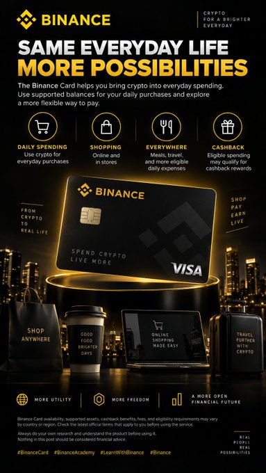 The image is a promotional advertisement for the Binance Card, a Visa-branded crypto payment card, featuring the tagline "SAME EVERYDAY LIFE, MORE POSSIBILITIES" and highlighting benefits like daily spending, shopping, cashback rewards, and travel, with hashtags #BinanceCard and #BinanceAcademy at the bottom.

The ad visually reinforces the post's message by showcasing how the Binance Card integrates crypto into routine activities like buying coffee, shopping online, and traveling, making digital assets practical for everyday use rather than just a store of value.