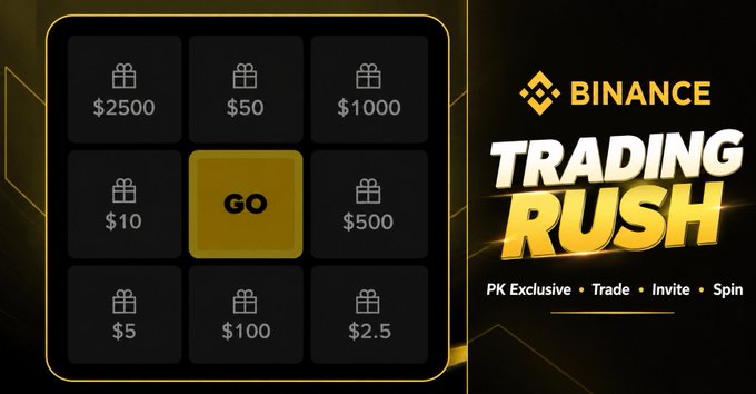 A promotional graphic for Binance's "Trading Rush" campaign featuring a spin wheel with prize values ranging from $2.5 to $2500 USDT, alongside a highlighted "GO" button to start spinning. The design emphasizes "PK Exclusive" and encourages Pakistani users to complete trading missions for a chance to win USDT rewards.