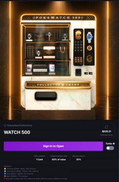 The image shows a "Watch 500" $35.21 Gacha-style crypto launch with a 1-count card, offering prize odds of 75% ($250–500), 20% ($500–1K), 4% ($1K–2.5K), and 1% Epic ($2.5K+: Rolex Batman, Bruce Wayne), illustrating the launch option described in the post.