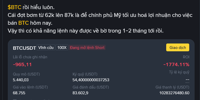 A trading interface showing a BTCUSDT perpetual contract position with an unrealized loss of -965.11 USDT and -1774.11% ROI, with Vietnamese text above discussing a BTC pump.