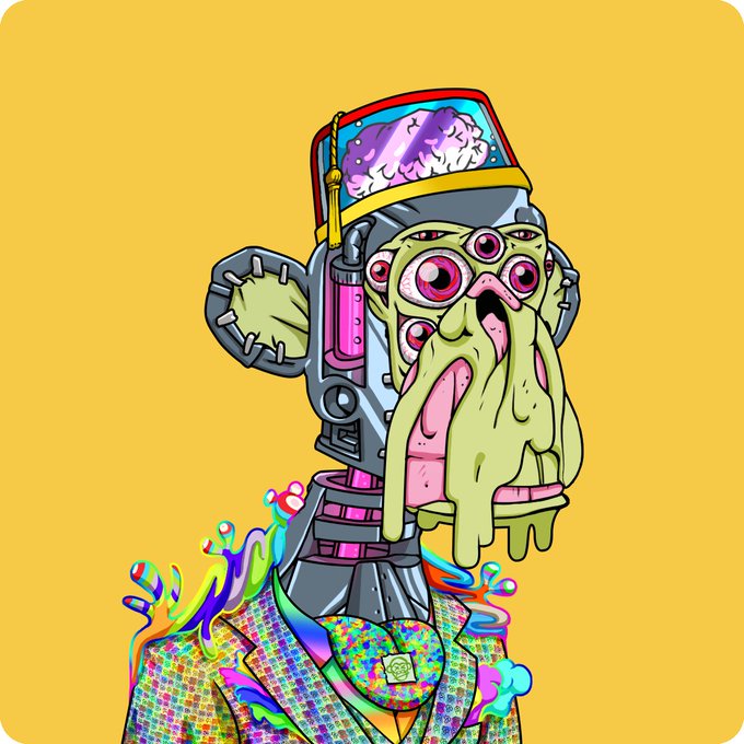 A vibrant, cartoon-style digital illustration on a yellow background depicts a grotesque, multi-eyed monster wearing a TV helmet with a brain visible on screen, dressed in a colorful patterned suit.