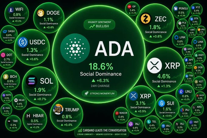 A cryptocurrency market sentiment infographic showing 'MARKET SENTIMENT: BULLISH' with 'ADA' (Cardano) leading at 18.6% Social Dominance, followed by XRP (4.6%) and various other coins including SOL, DOGE, and USDC.