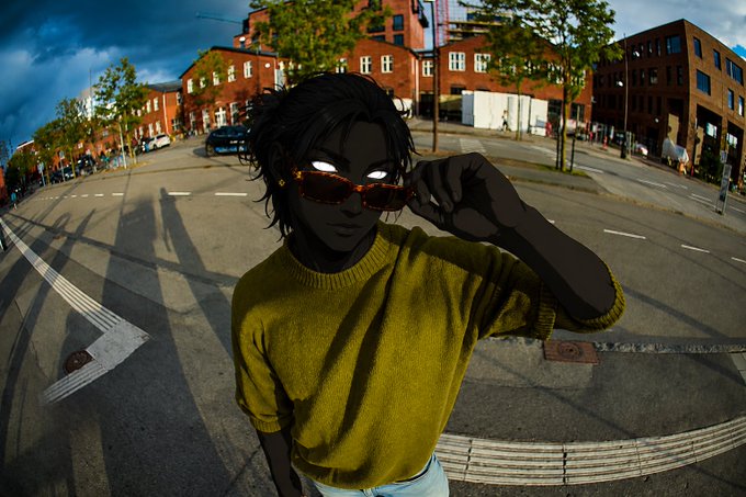 An anime-style illustration of a dark-skinned character with glowing white eyes wearing a yellow sweater and orange sunglasses, standing on a street corner in an urban setting.