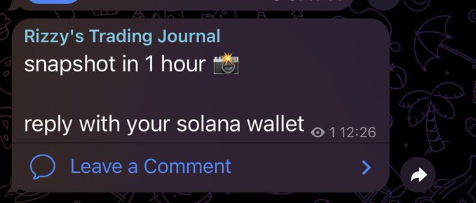 A Telegram comment section from "Rizzy's Trading Journal" announces a snapshot in 1 hour and instructs users to reply with their Solana wallet, matching the post's call to action directing members to share their wallet on t.me/rizzyalphacalls.