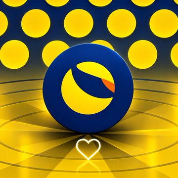 A stylized 3D blue and yellow coin logo rests on a reflective surface with a heart icon, set against a polka dot background. The image appears to be a promotional graphic inviting viewers to choose between investing in $LUNC or $XRP with 100K USDT.