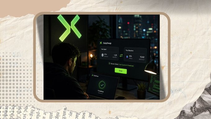 A person viewed from behind sits at a dimly lit desk with a glowing green "X" logo on the wall and a computer monitor displaying a "DxsSwap" dashboard showing fields like "You Sent" (1.25 ETH) and "You Receive" (15.62 SOL), with a green "Swap" button and a "Secure Smart Trust Quantum Protected" label. A laptop beside the monitor shows a "DxsSwap" completion screen with a checkmark, framed by a torn-paper border.