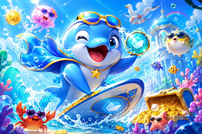 The image features a cartoon character wearing sunglasses and a gold crown, riding a surfboard with a treasure chest nearby. The character appears to be smiling as they ride their surfboard through the ocean. In the background, there are other characters such as a mermaid, a whale, and a pirate ship. The post also mentions that the character "River is just too stingy." This could be interpreted as River being overly possessive or greedy in the image.