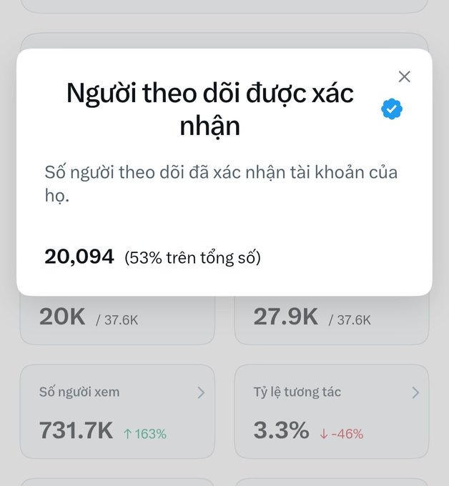 A screenshot shows a verified followers stat of 20,094 (53%) out of a total of 37.6K, displayed alongside additional metrics like 27.9K followers, 731.7K views, and a 3.3% engagement rate. The image directly illustrates the post's celebration of reaching 20K verified followers, reinforcing the milestone mentioned in the caption.