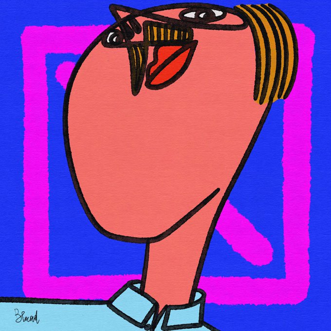 A vibrant pop-art style painting by Ernst Blaad titled "Otto Fish" features a stylized pink figure with exaggerated features, set against bold blue and magenta geometric backgrounds. The artist's signature "Blaad" appears in the lower left corner, consistent with the 2009 Deutsche Bank collection drop referenced in the post.